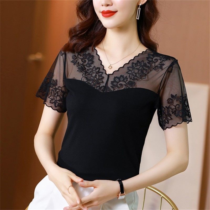 เสื้อเบลาส์แขนสั้น คอวี แบบสวมหัว แต่งลูกไม้ สีดํา สําหรับผู้หญิง