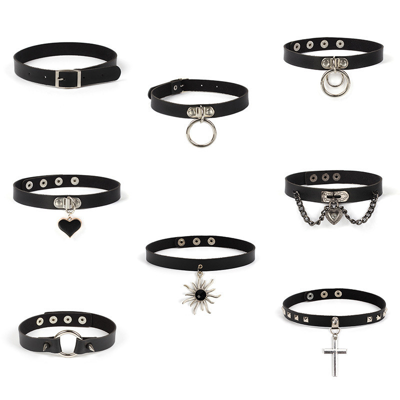 Harajuku Punk หนังสีดํา Choker สร ้ อยคอผู ้ หญิงเรขาคณิต Love Heart จี ้ สร ้ อยคอเครื ่ องประดับ