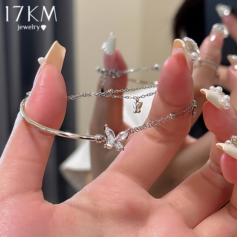 17km หวานเพทายสร ้ อยข ้ อมือผีเสื ้ อ Splicing Silver Double Layer สร ้ อยข ้ อมือผู ้ หญิงเครื ่ องประดับอุปกรณ ์ เสริม