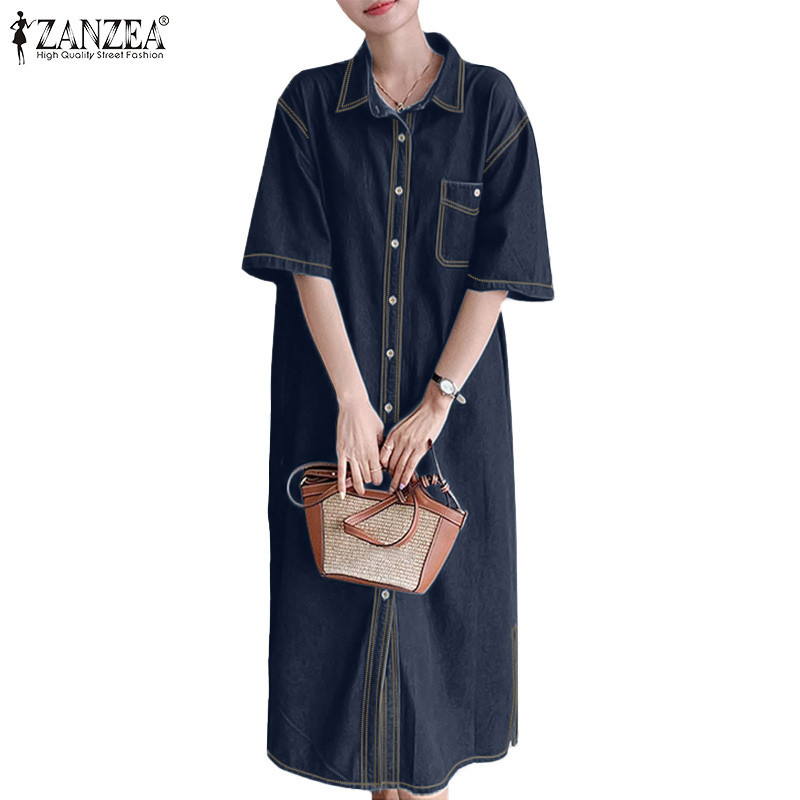 Zanzea ผู ้ หญิงแฟชั ่ นเกาหลีแขนสั ้ น Turn-Down-Collar กระเป ๋ า Shirtdresses