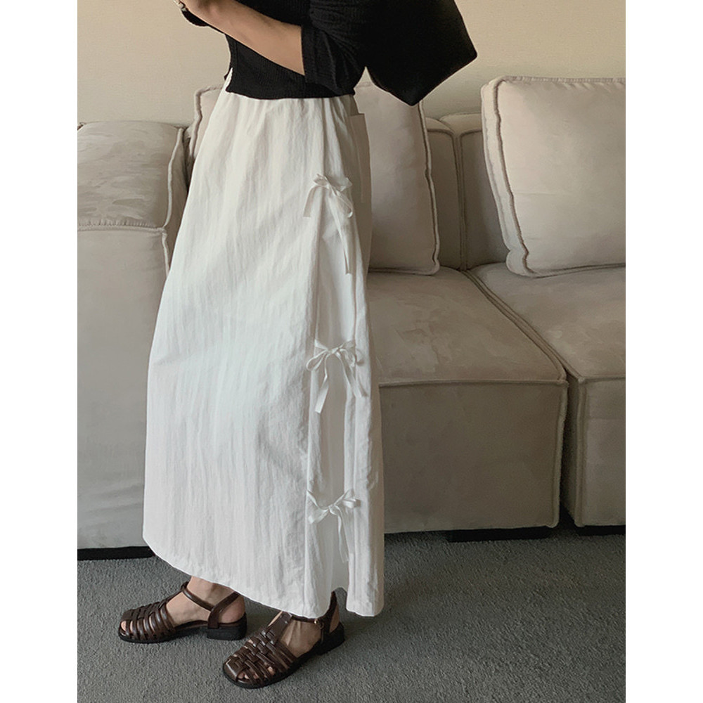 Suxi Retro เกาหลี Chic Casual Bow Tie เอวสูงผู้หญิง Midi กระโปรง 240510