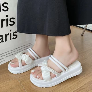 🍓EnJoy🍓 พร้อมส่ง (LT-2888) รองเท้าแตะสวม สายคาดไขว้ ดีเทลมุกสไตล์สาวหวาน