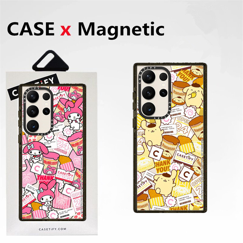Casetifg Sanrio Pompompurin สติกเกอร์แม่เหล็กชาร์จกันกระแทกเคสโทรศัพท์พร้อมกล่องสําหรับ Samsung Galaxy S24 S23 S22 Ultra S24 Plus Clear Shell คลุมทั้งหมดปกป้อง Hard Casing