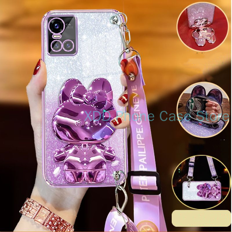 ปลอก Vivo V20 Pro V20 SE V21 4G 5G V21E Electroplating Glitter 3D กระต่ายวงเล็บกระจกเครื่องสําอางเคสโทรศัพท์พร้อมCrossbody Lanyard