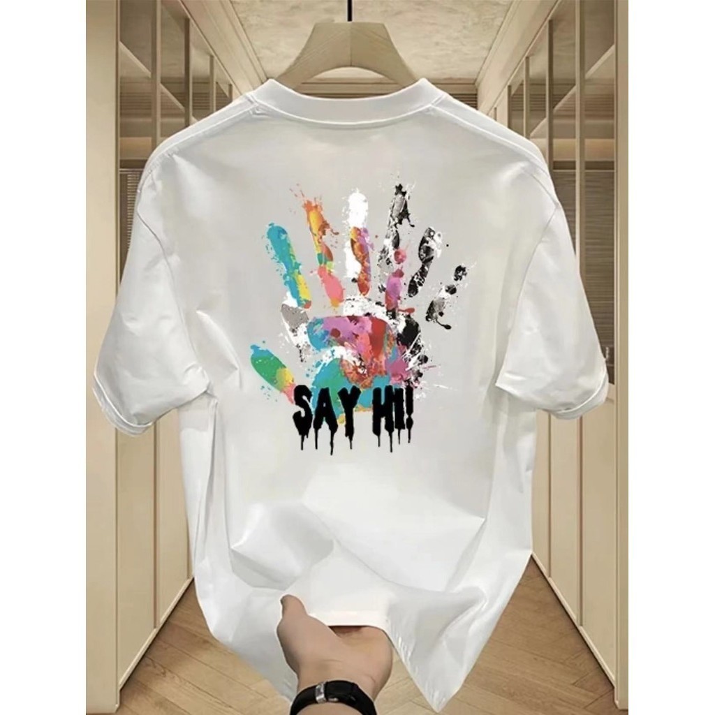 elegant เสื้อยืดคอกลม แขนสั้น สีขาว/ดำ พิมพ์ลาย ไซส์ S-2XL( CS080-117 )