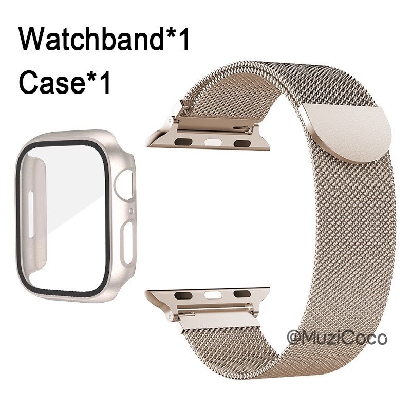 Band + กรณี Starlight Milan สายโลหะสําหรับ Smart Watch Ultra 49 มม.40 มม.44 มม.38 มม.42 มม.41 มม.45 มม.แก้ว + กรณีสร้อยข้อมือสแตนเลส iwatch Series 9 8 7 6 5 SE 4 3 2