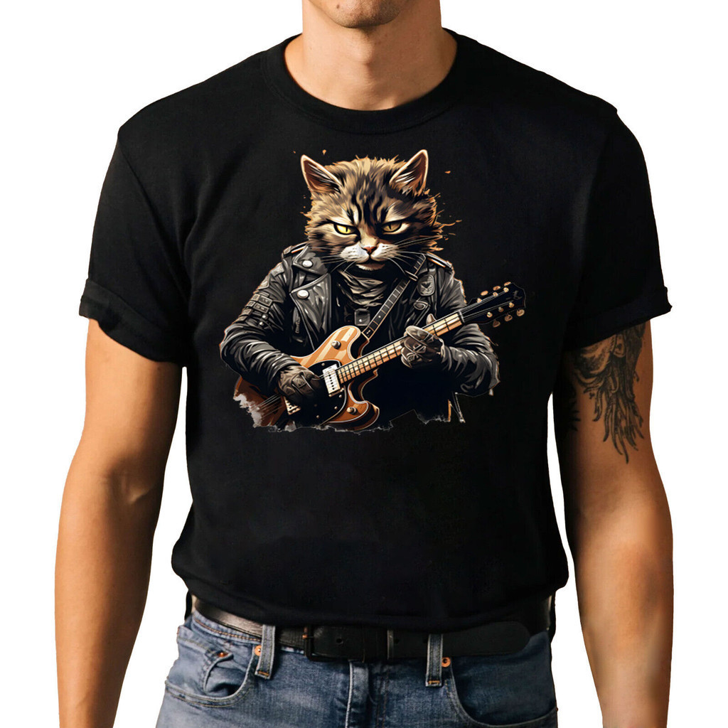 Cat Playing Guitar เสื้อยืดตลก - Animal Pet Rock Music Lovers Tee Shirt