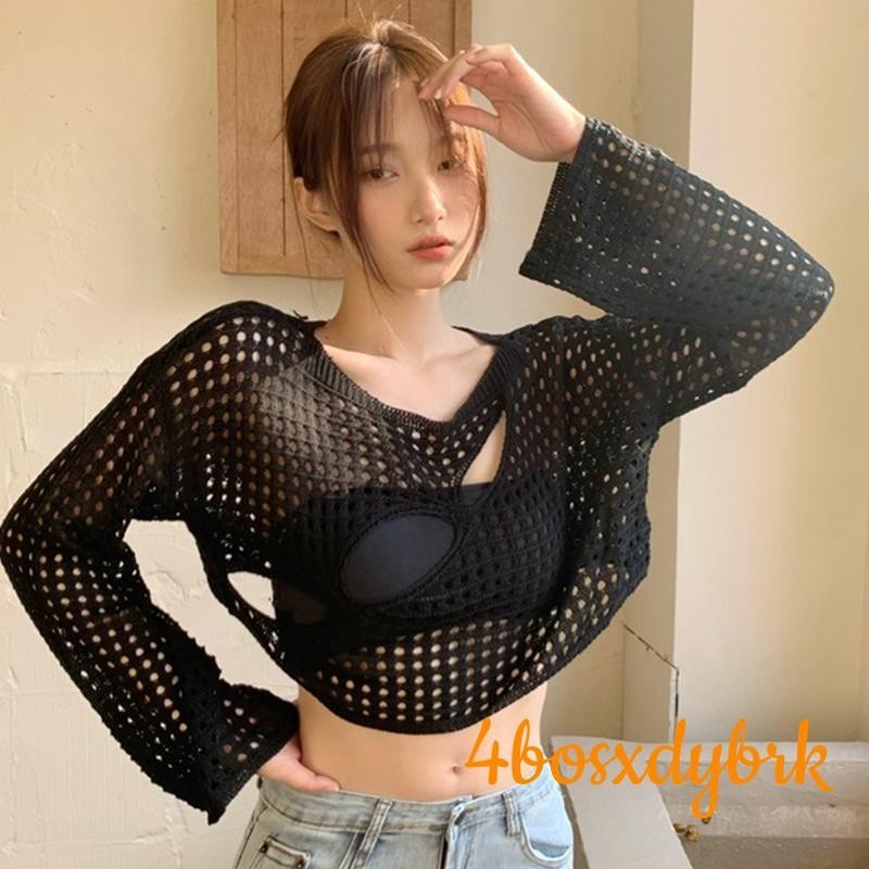 ผู้หญิง Hollow OUT เสื้อถักแฟชั่นแขนยาวรอบคอหลวมเสื้อยืด COVER UPS