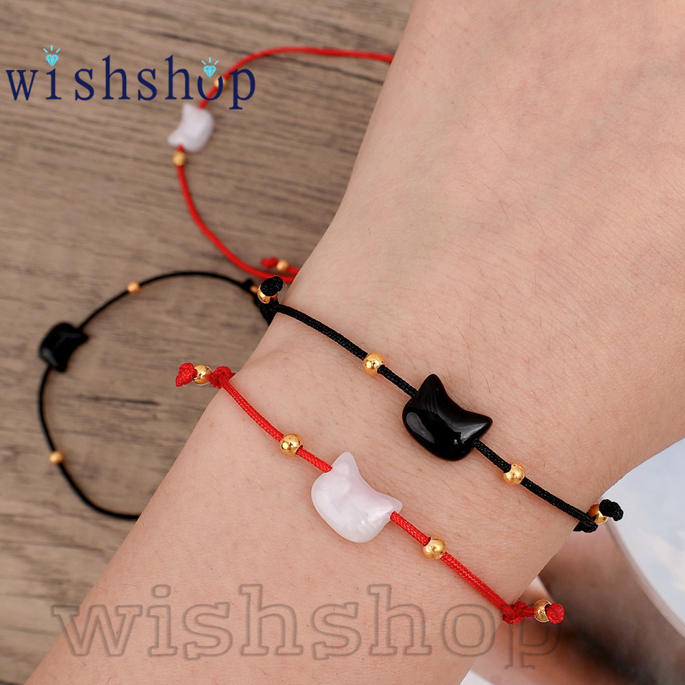 สร้อยข้อมือถักหัวแมว-ปรับได้,ทําด้วยมือ-ของขวัญวันวาเลนไทน์-เชือกมือคู่-การ์ตูนน่ารักมูนสโตน ออบซิเดียน -เชลล์แมวมือโซ่-เครื่องประดับ