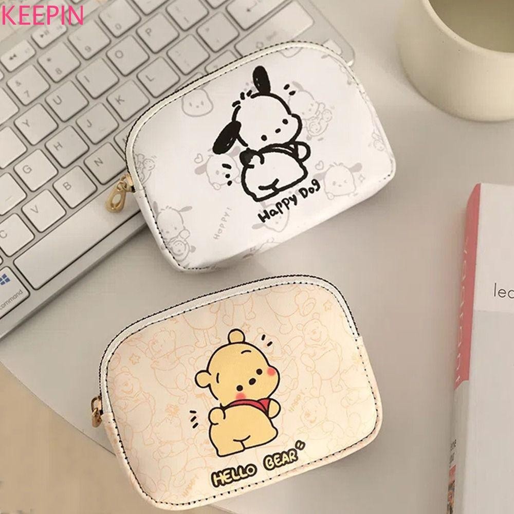 Keepin กระเป๋าใส่เหรียญการ์ตูน, PU หนังคู่กระเป๋าผู้ถือบัตรคลัทช์,เปลี่ยนกระเป๋า Winnie the Pooh Card กระเป๋าสไตล์เกาหลีกระเป๋าสตางค์สั้นผู้หญิง