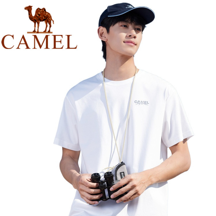 อูฐแห้งเร็วระบายอากาศเสื้อยืดผู้ชายผ้าไหมน้ําแข็งแขนสั้นฤดูร้อนบางผู้ชายกีฬาหลวมด้านบนผู้หญิงกลางแจ้งคู่สบายๆ