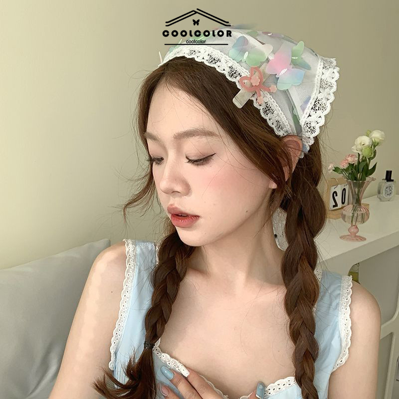 ในไทย💖ผ้าโพกหัวผ้าพันคอขอบลูกไม้ผีเสื้อไล่โทนสีมีสีสันสามเหลีInsเครื่องประดับผม แฟชั่นใหม่สําหรับผู้หญิง - รูปที่ 2