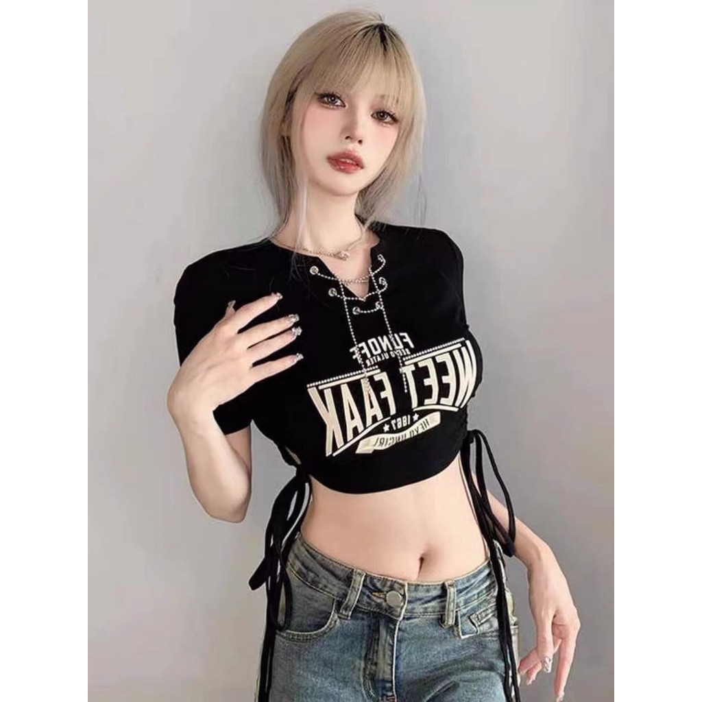 Hiphop Croptop สําหรับผู้หญิง Crop เซ็กซี่ Crop Top สําหรับผู้หญิงเต้นรําสีดํา Crop Top เสื้อคอวีเกาหลีอินเทรนด์ Tops สําหรับผู้หญิง - รูปที่ 7