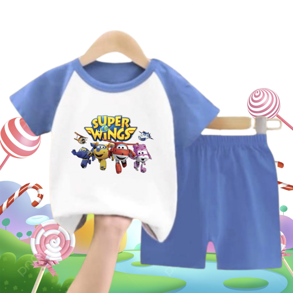 เสื้อผ้าเด็ก SET KIMONO รูปภาพ SUPER WINGS TC วัสดุ SOFT DTF การพิมพ์หน้าจอชุดเด็ก (เสื้อและกางเกง) UNISEX 2-10 ปี
