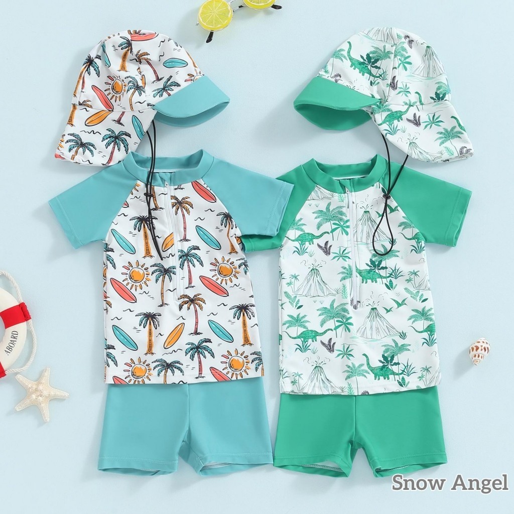 Grao-ชุดยามผื่นเด็กชาย ชุดว่ายน้ํา 3 ชิ้น ชุดต้นปาล์ม/ไดโนเสาร์พิมพ์เสื้อแขนสั้นกางเกงว่ายน้ําหมวกว่ายน้ําชุดว่ายน้ํา