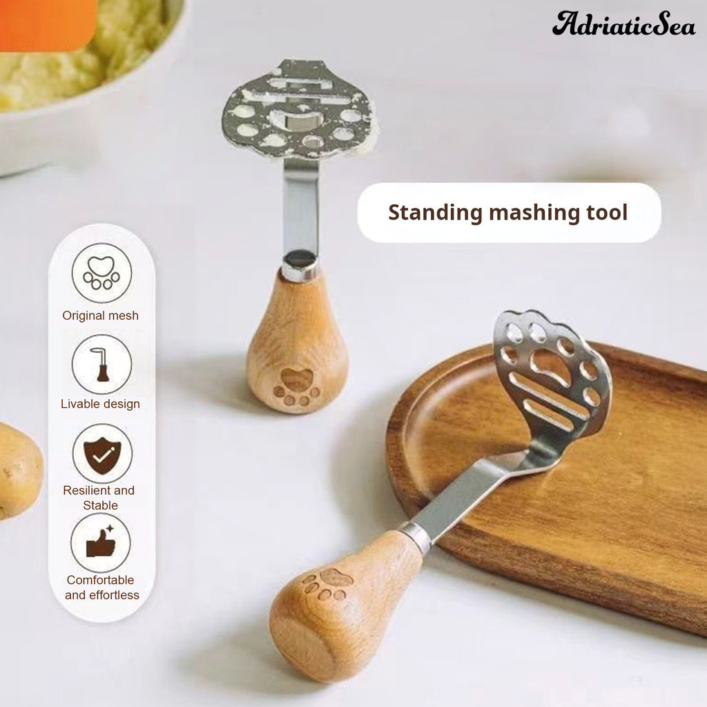 [COD] Potato Masher สแตนเลสเหล็ก Bear Claw Pressed Masher พร้อมที่จับไม้ Fine ตาข่ายออกแบบครัวเครื่องมือสําหรับผักฟักทอง