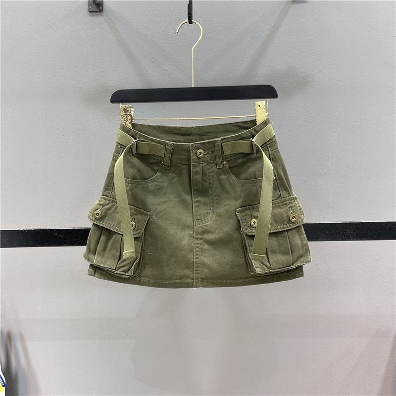 ทหารสีเขียว workwear กระโปรงยีนส์สั้นสำหรับผู้หญิงฤดูร้อนใหม่ป้องกันการสัมผัสเอวสูง A-Line กระโปรงคลุมสะโพก