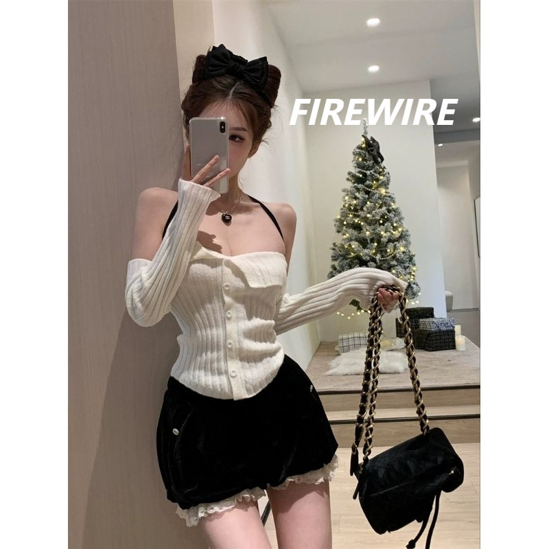 Firewireพร้อมส่งเสื้อเกาะอกถักนิตติ้งเปิดหลังสีทึบเซ็กซี่พร้อมสายรัดคอและแขน (U061) -C