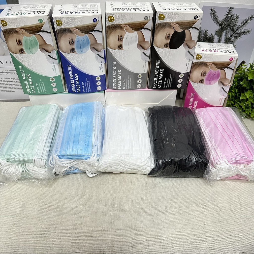 FAEC MASK ทรงสี่เหลี่ยมผู้ใหญ่ สีพื้นสีพลาสเทล 1กล่อง50ชิ้น เนื้อใยไหมหนา3ชั้น สายยืดได้