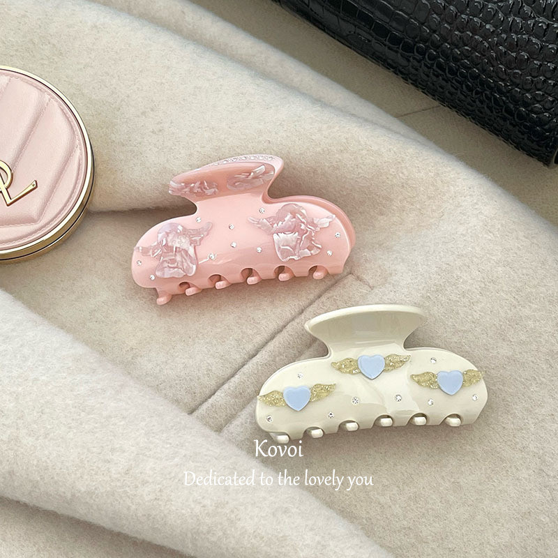 Kovoi/หวานน่ารัก Acetate Rhinestone สไตล์ใหม่ All-Match Love Golden Wings คลิปฉลามกิ๊บติดผมนมสีฟ้าเพชร-Studded กิ๊บติดผม