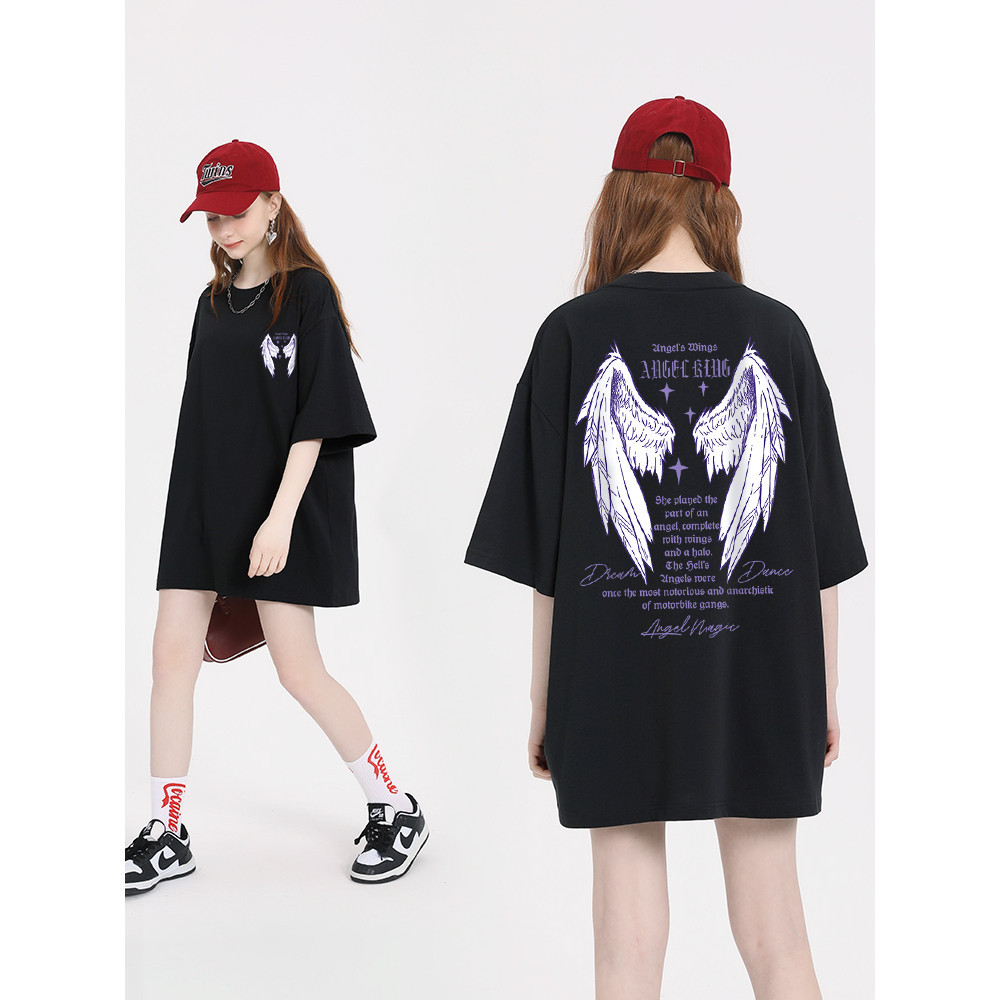 COD✅ (กรุงเทพจัดส่งสินค้า)BOOM Shop ปีกพิมพ์เสื้อยืดผู้หญิงแขนสั้นหลวมเสื้อยืดผ้าฝ้ายเต็มรูปแบบ เสื้อยืดโอเวอร์ไซส์