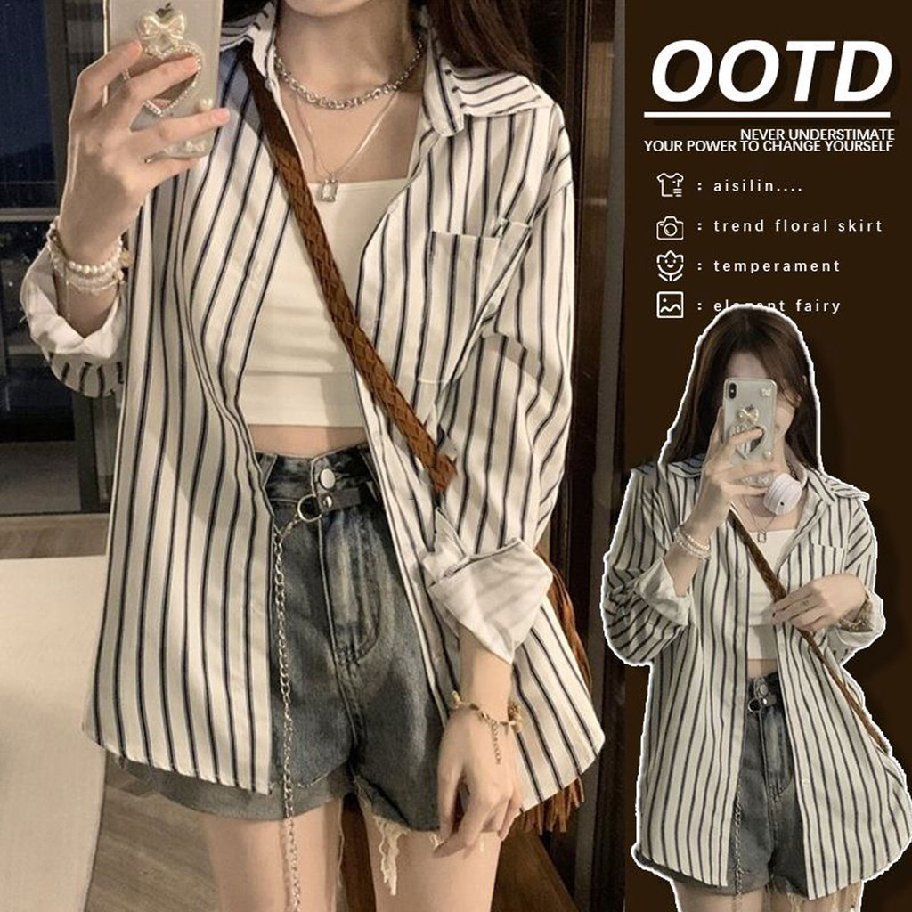 Dahong W296 เสื้อเชิ้ตแขนยาว ทรงหลวม เสื้อเชิ้ตลายริ้ว ทรงโอเวอร์ไซส์