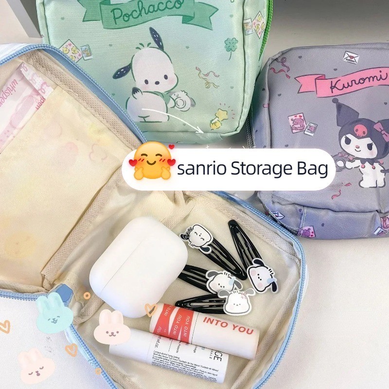 Sanrio Hello Kitty กระเป๋าเก็บ Kuromi My Melody ความจุขนาดใหญ่กระเป๋าผ้าอนามัยกระเป๋าสตางค์เหรียญนักเรียนระยะเวลาทางสรีรวิทยากระเป๋าแบบพกพาสาวของขวัญ