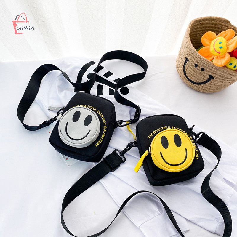 ☺กระเป๋าสะพายข้าง อเนกประสงค์ ลายหน้ายิ้ม สีเหลือง แฟชั่นสําหรับผู้หญิง☺