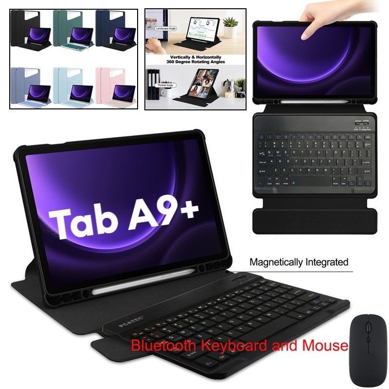 สําหรับ Samsung Galaxy Tab A9 + 11.0 SM-X210 SM-X216B SM-X218U เมาส์ที่ถอดออกได้ Wilress แป้นพิมพ์บลูทูธสมาร์ทหนัง 360 หมุนกรณีพร้อมช่องเสียบปากกา