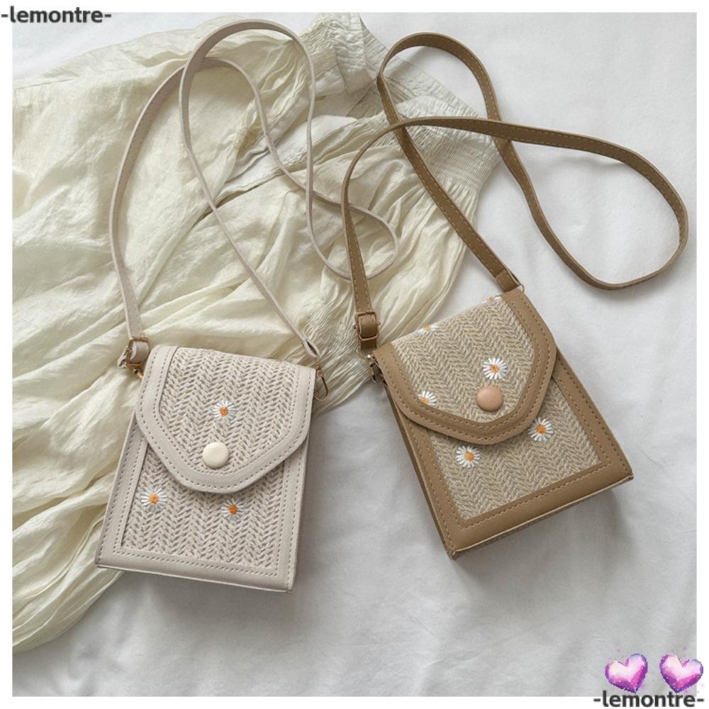 Lemontre กระเป๋าใส่โทรศัพท์มือถือ แบบฟางสาน ปักลายดอกเดซี่ ขนาดเล็ก