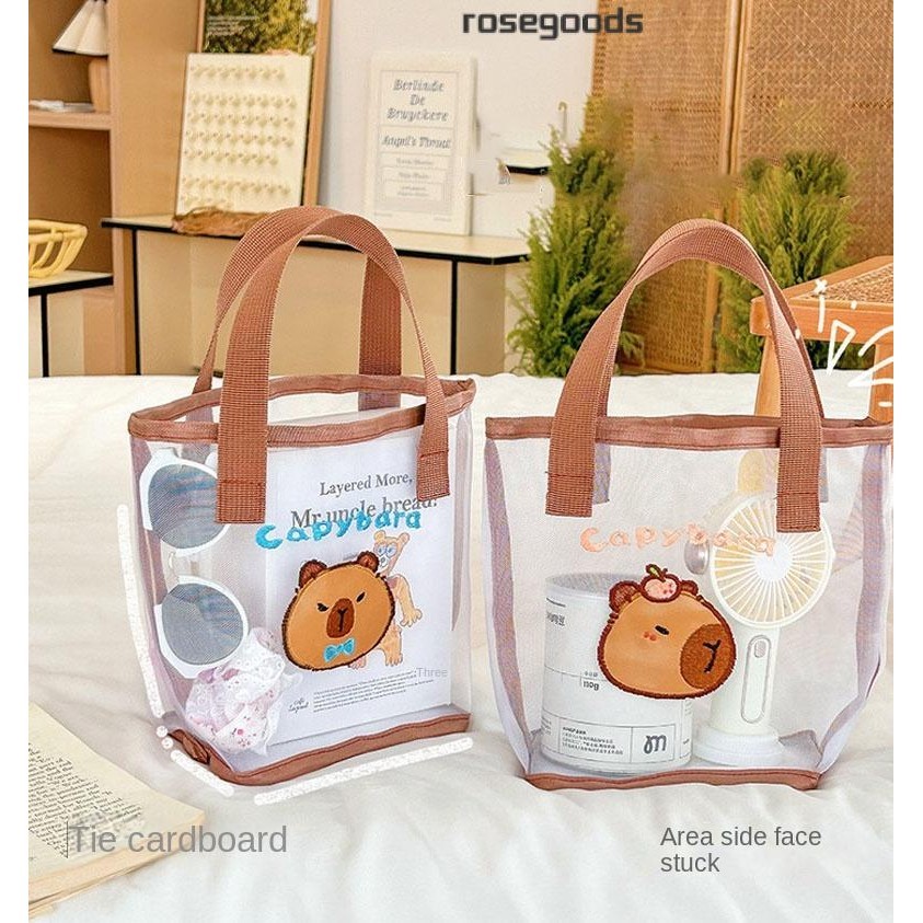 กระเป๋าถือ ดอกกุหลาบ กระเป๋าแฟ้ม คาปิบาระ ความจุขนาดใหญ่กระเป๋า Capybara รูปแบบเย็บปักถักร้อยตาข่าย