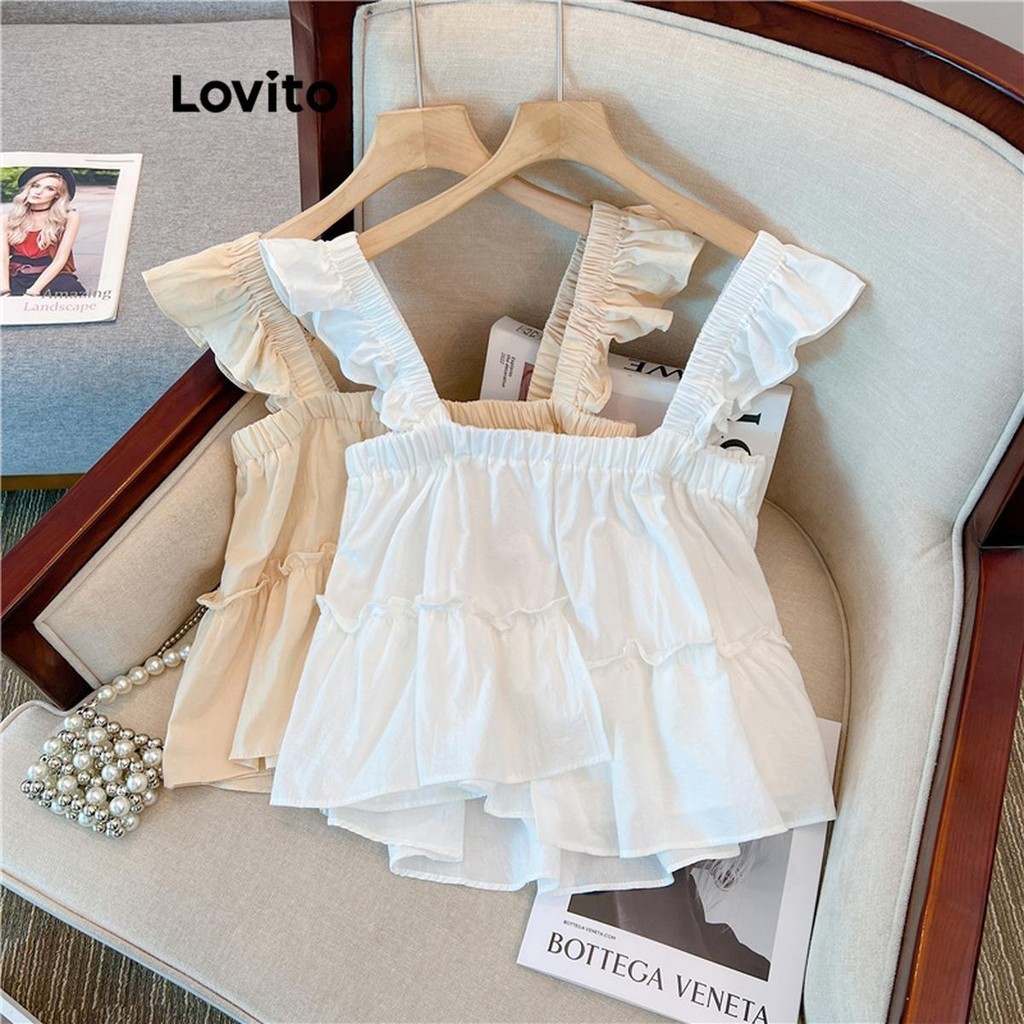 Lovito เสื้อเบลาส์ผู้หญิง แต่งจีบ สีพื้น สไตล์ลำลอง LNE54086