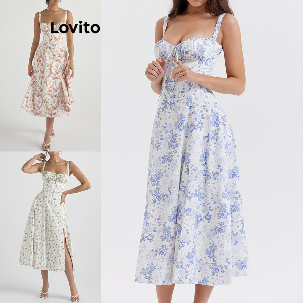 Lovito ชุดเดรสลูกไม้ขึ้นรูปต้นขาลายดอกไม้ลำลองสำหรับผู้หญิง LNE51421