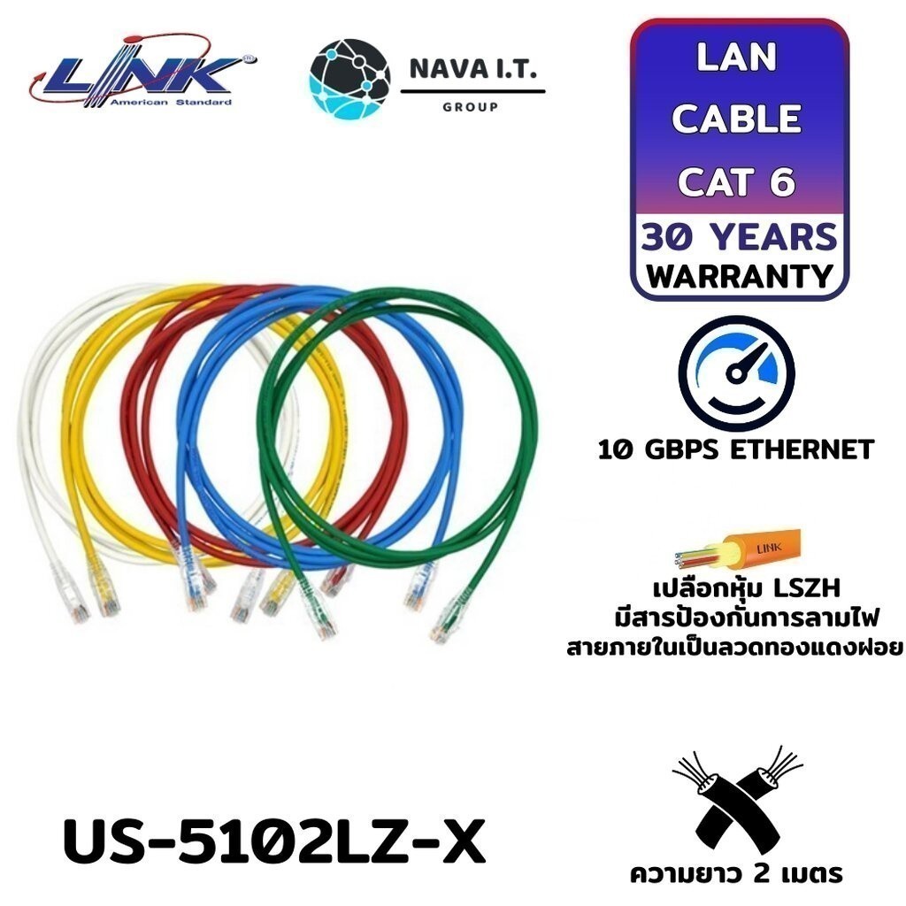 มีส่งด่วน LINK US-5102LZ-X CAT6 RJ45 PATCH CORD LSZH 2 M. LAN CABLE ประกัน 30ปี