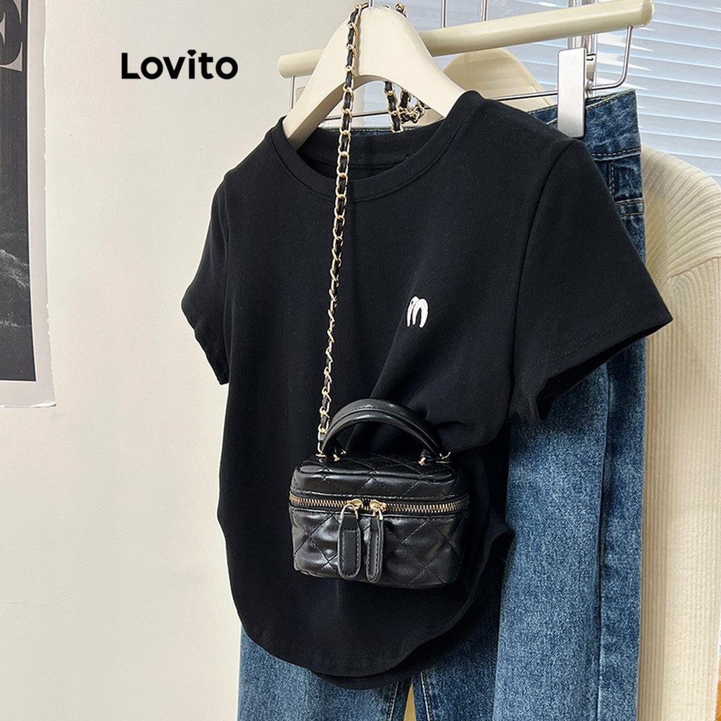 Lovito เสื้อยืดผู้หญิง มีลาย สีพื้น สไตล์ลำลอง LNE57495