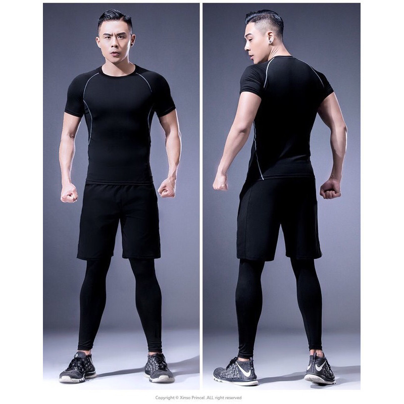 พร้องส่ง ชุดกีฬาสำหรับผู้ชาย รัดกล้ามเนื้อ เซต2ชิ้น แขนสั้น+กางเกงขาสั้น  ฟิตเนส/เทรนนิ่ง/วิ่ง/ปั่นจักรยาน /ว่ายน้ำ - รูปที่ 5