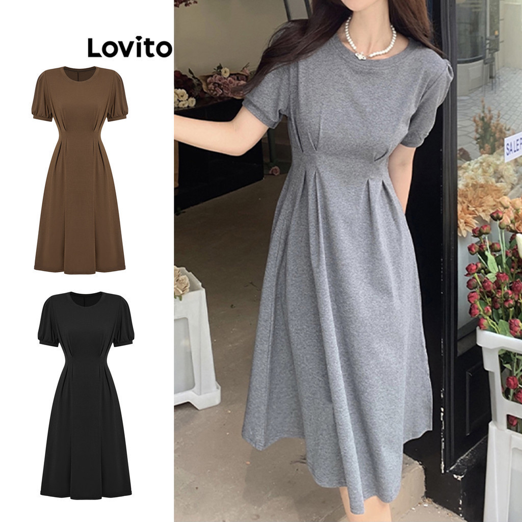 Lovito ชุดเดรสผู้หญิง แบบจับจีบ สีพื้น สไตล์ลำลอง LNE27262 (หลากสี)