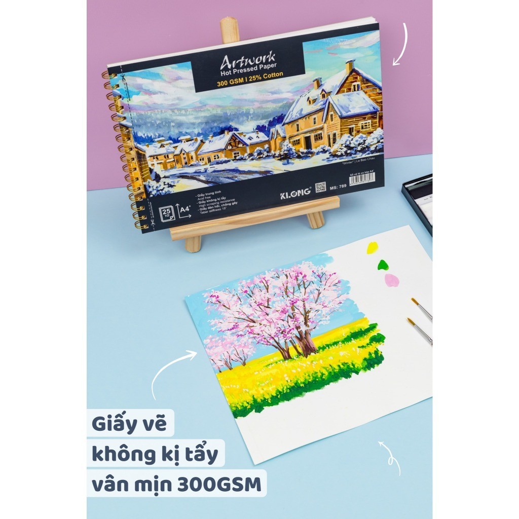 KLong MS 789 สมุดวาดภาพสีน้ําระดับพรีเมียม 25 แผ่นงานศิลปะ Hot Pressed A4+ 300GSM ผ้าฝ้าย 25%