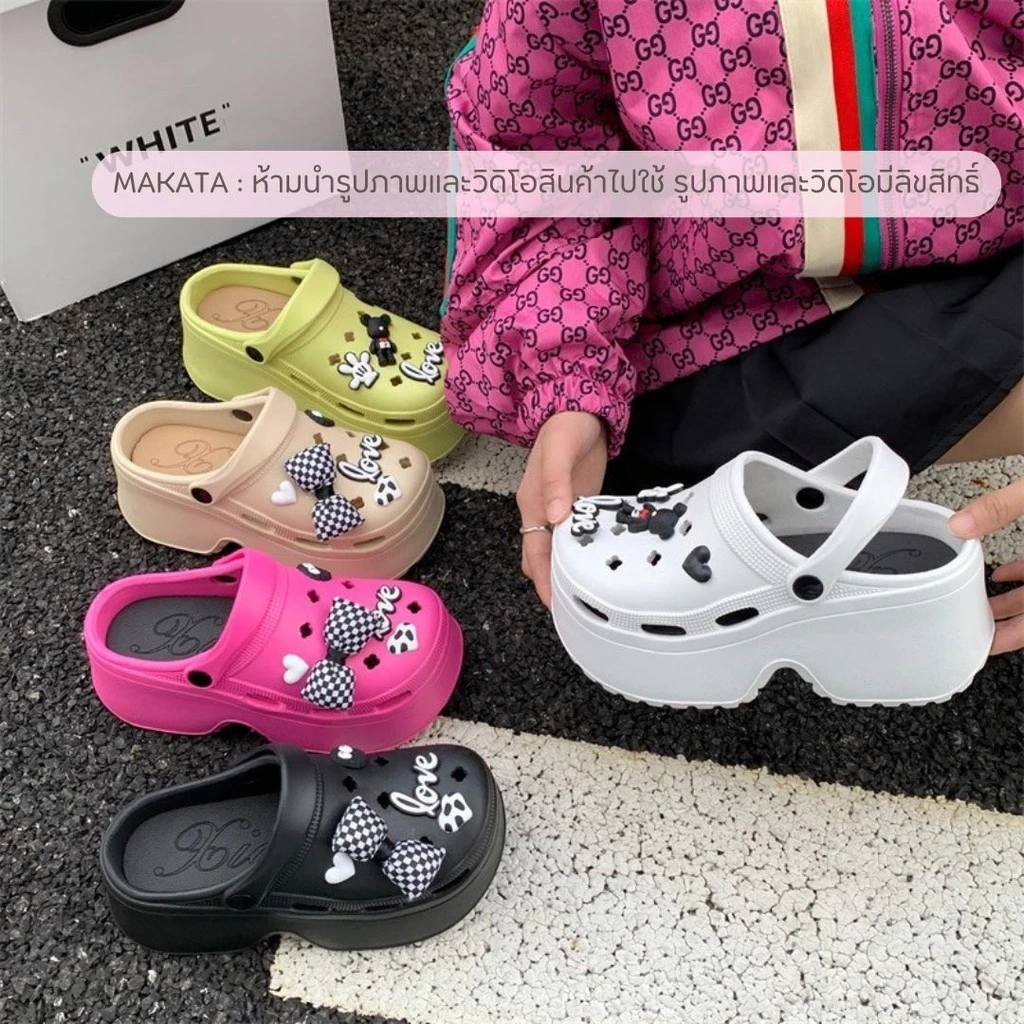 SHO-E8899 🌷 รองเท้าหัวโต แบบสวม แถมตัวติดโซ่ เสริมส้น 8 cm สีสดใส สวยเท่ มีสายรัดส้น สินค้าพร้อมส่ง