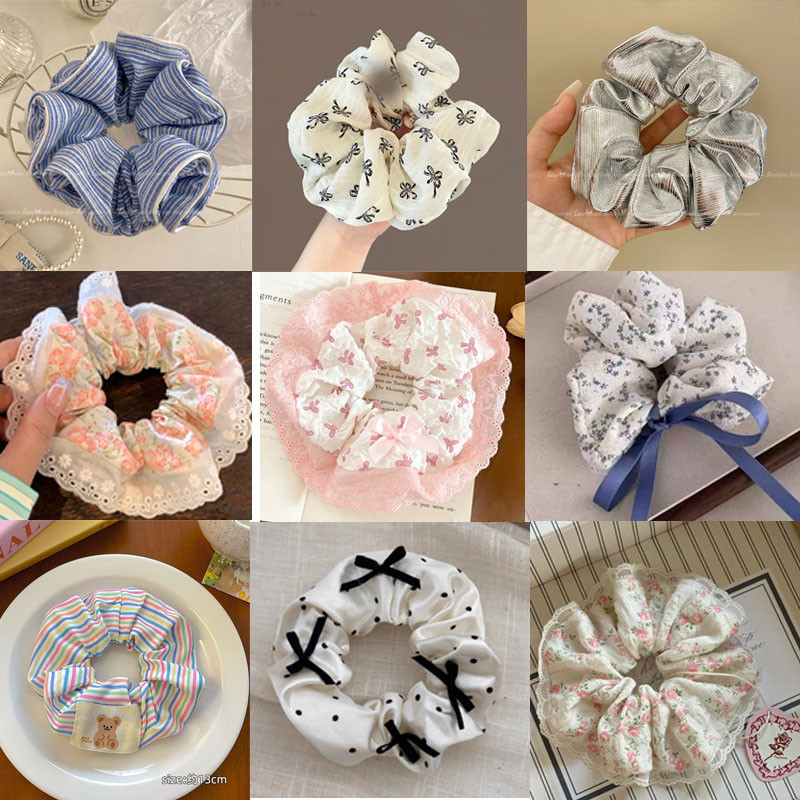 สาวหวานเกาหลีขนาดใหญ่ดอกไม้พิมพ์ผูกผม Scrunchies เชือกผมเครื่องประดับผม