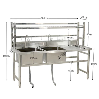 ซิงค์ล้างจานสแตนเลส พร้อมที่คว่ำจาน อ่างล้างจาน 2 หลุมซ้าย 180x70x80ซม Double Bowl Kitchen Sink SK180-70-ST480L