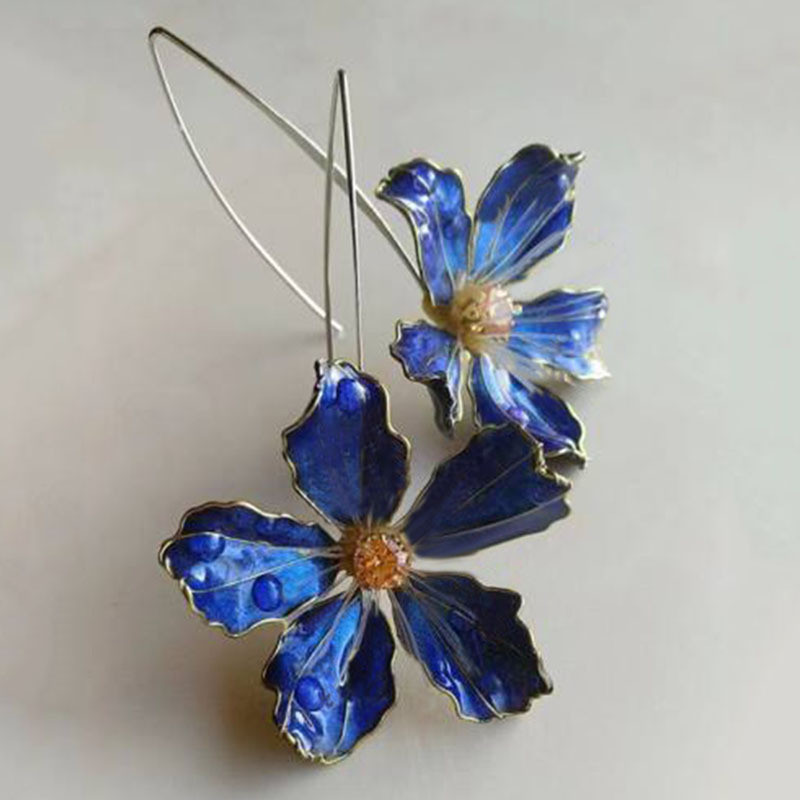 Blue Oil Dripping Stamen ต่างหูต่างหูตะขอหูยาวสไตล์ชาติพันธุ์