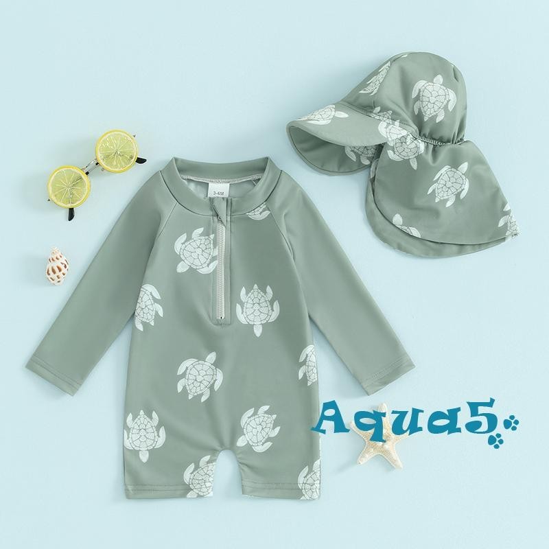 Aqq-toddler Rash Guard ชุดว่ายน้ําแขนยาวลายเต่า/ไดโนเสาร์ พร้อมหมวกว่ายน้ําสําหรับเด็ก