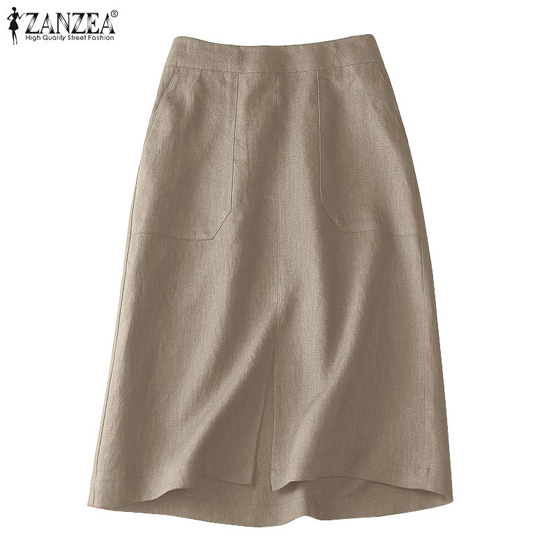 ZANZEA ใส่ ซานเซีย ผู้หญิงแฟชั่นเกาหลีสีทึบหลวมเอวยางยืดพรรคกระโปรง
