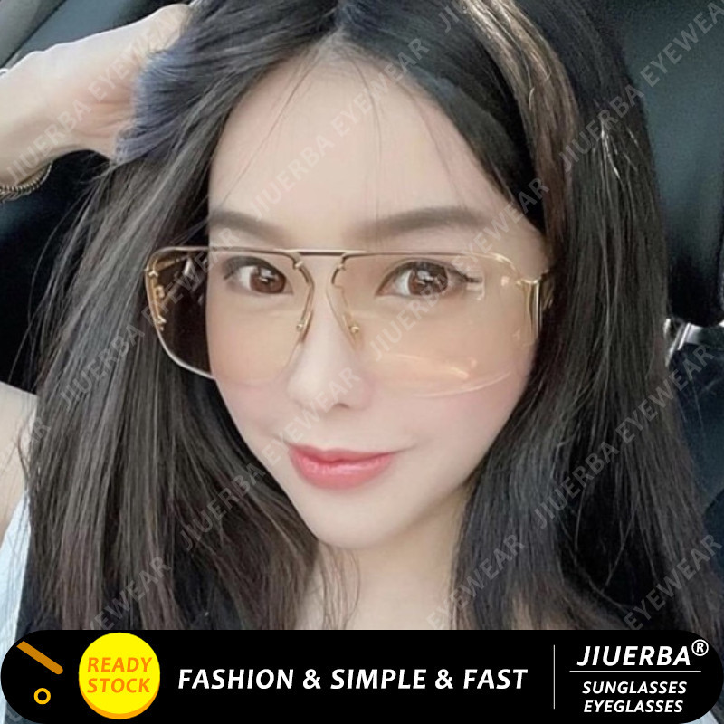 (จิ่วเออร์บา) แว่นกันแดดขอบโลหะสีแชมเปญสําหรับผู้หญิงแฟชั่นเกาหลีแว่นกันแดดกรอบสี่เหลี่ยมขนาดใหญ่
