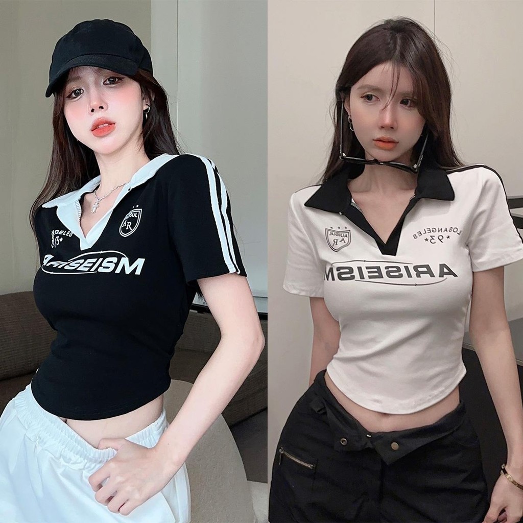 Lune_Graceเสื้อครอปแขนสั้นคอปก สกรีนเก๋ๆ ทรงเข้ารูปแฟชั่นวัยรุ่นสำหรับผู้หญิง รุ่น2624