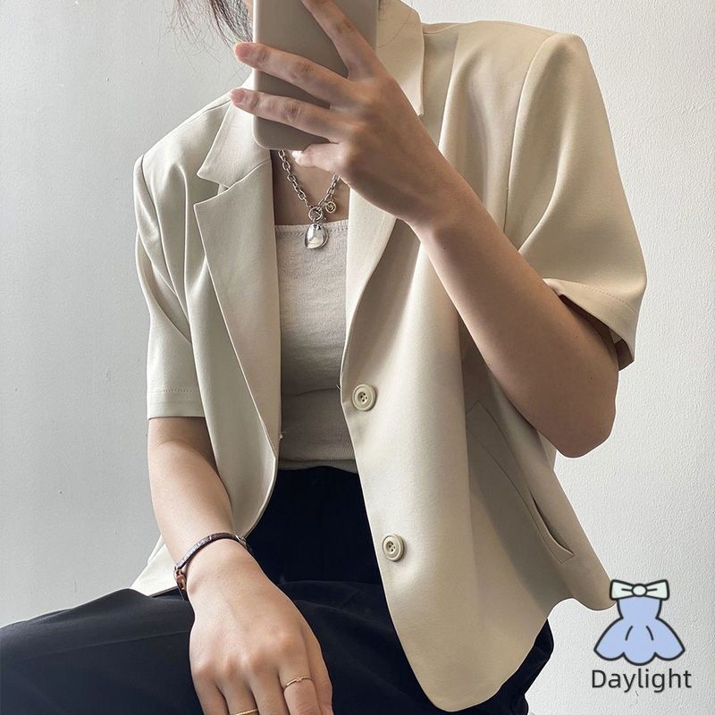 เสื้อเบลเซอร์สำหรับผู้หญิงครอปท็อปสำนักงานแฟชั่นอย่างเป็นทางการแขนสั้นเสื้อแจ็คเก็ตคาร์ดิแกน DL