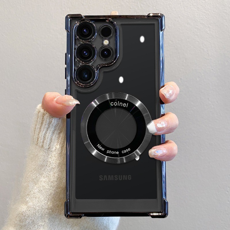 SAMSUNG ถุงลมนิรภัยโปร่งใสเคสโทรศัพท์แม่เหล็กสําหรับsamsung GalaxyS24Ultra S23 S21 เลนส์ฟิล์มป้องกันกันกระแทกป้องกันการสึกหรอลื่นPCฝาครอบป้องกันS22Ultra 23Plus 24FE S20Ultra