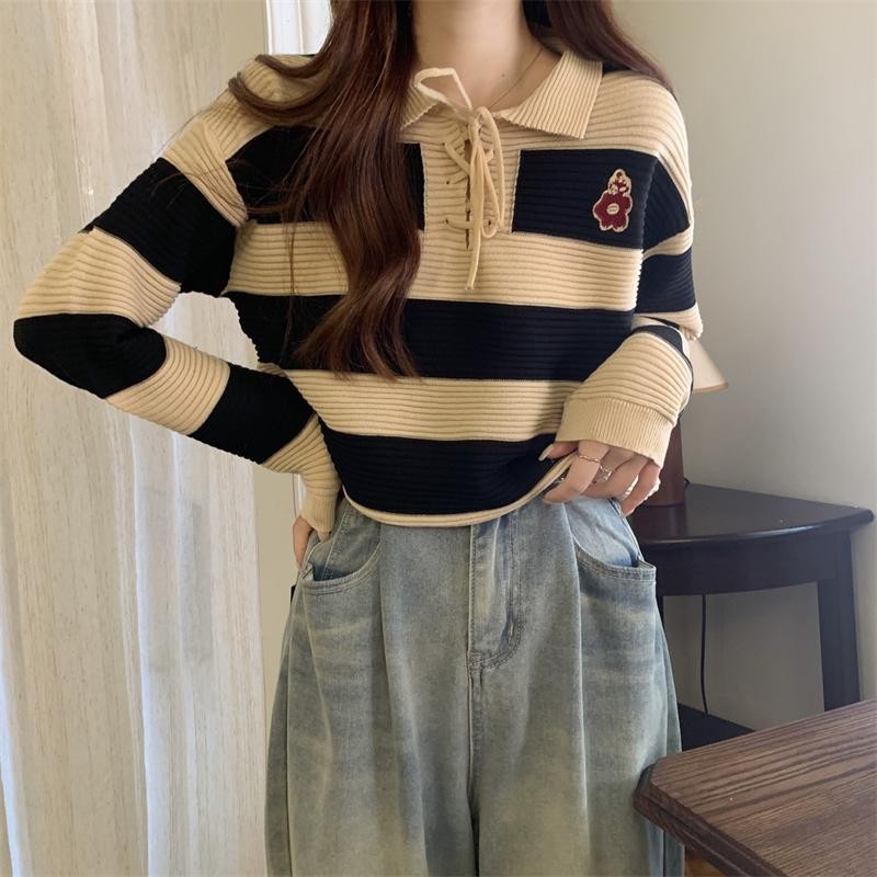 LuneGraceเสื้อไหมพรมแขนยาวลายทาง คอปกปักลายเชือกผูกโบว์ รูปที่ 3
