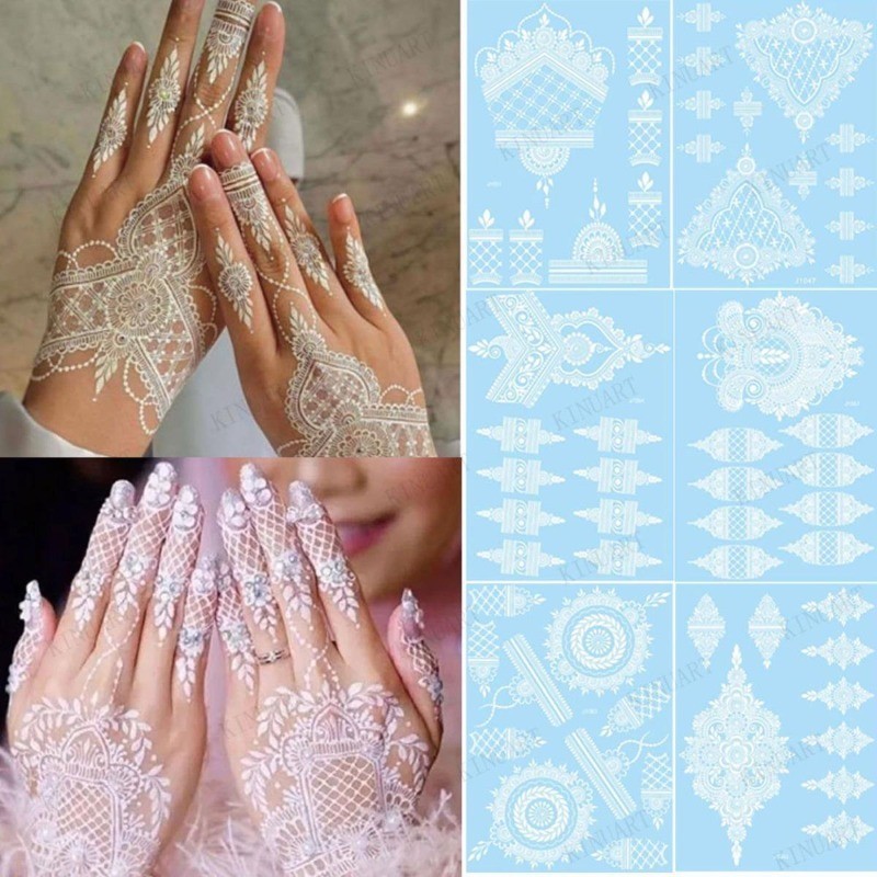 สีขาวสีเฮนน่าลูกไม้สักสติกเกอร์สําหรับมือกันน้ํารอยสักชั่วคราวผู้หญิงงานแต่งงานเทศกาลร่างกายศิลปะรอยสักปลอม